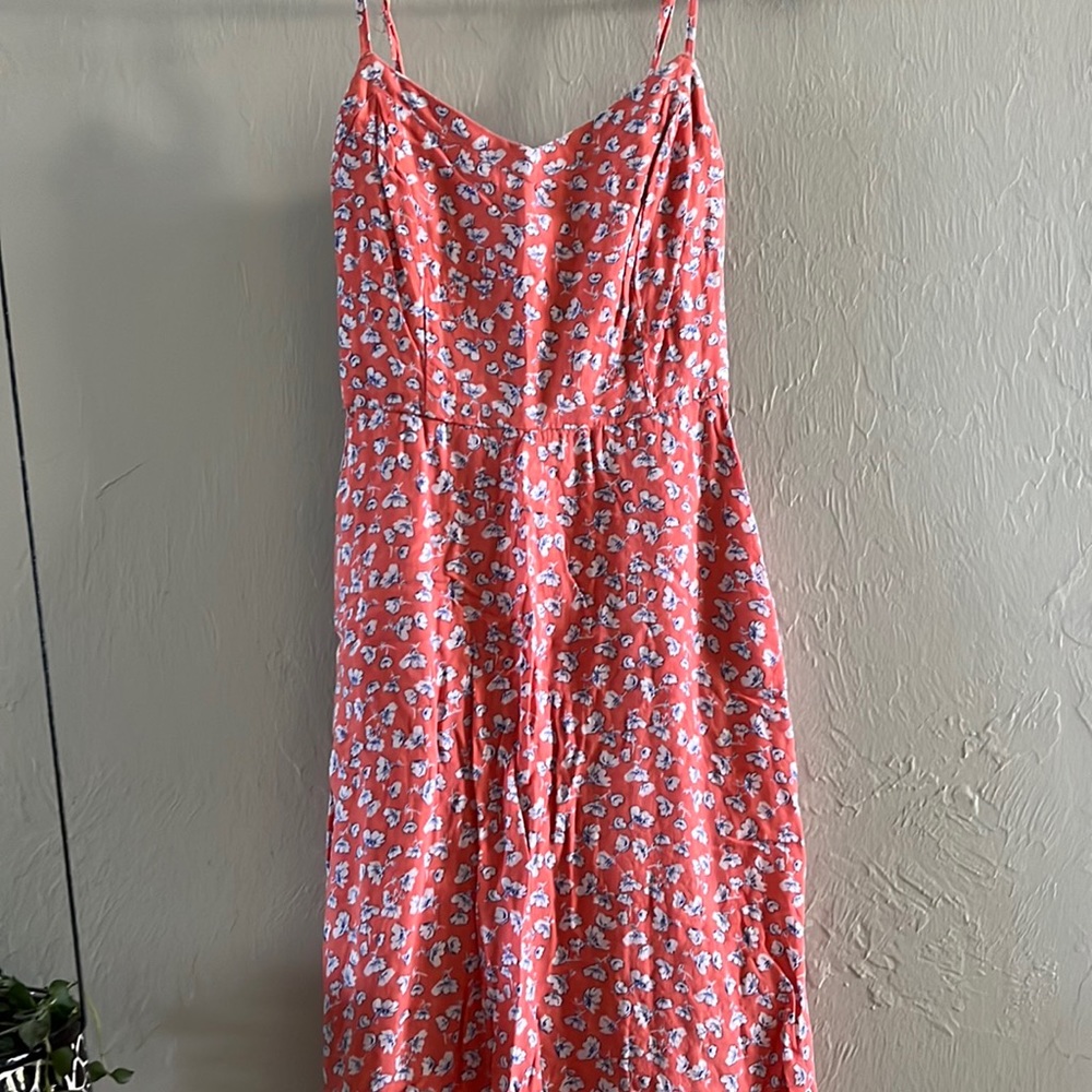 Pink orange tiny floral designed camisole strapped knee length dress (XS)
